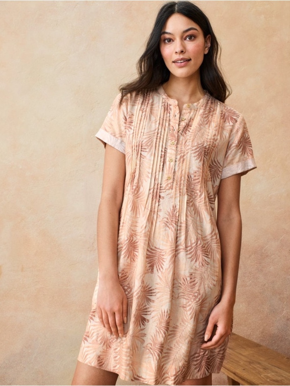 FAHERTY Peach Palm-Print Short Sleeve Tunic Dress (124)